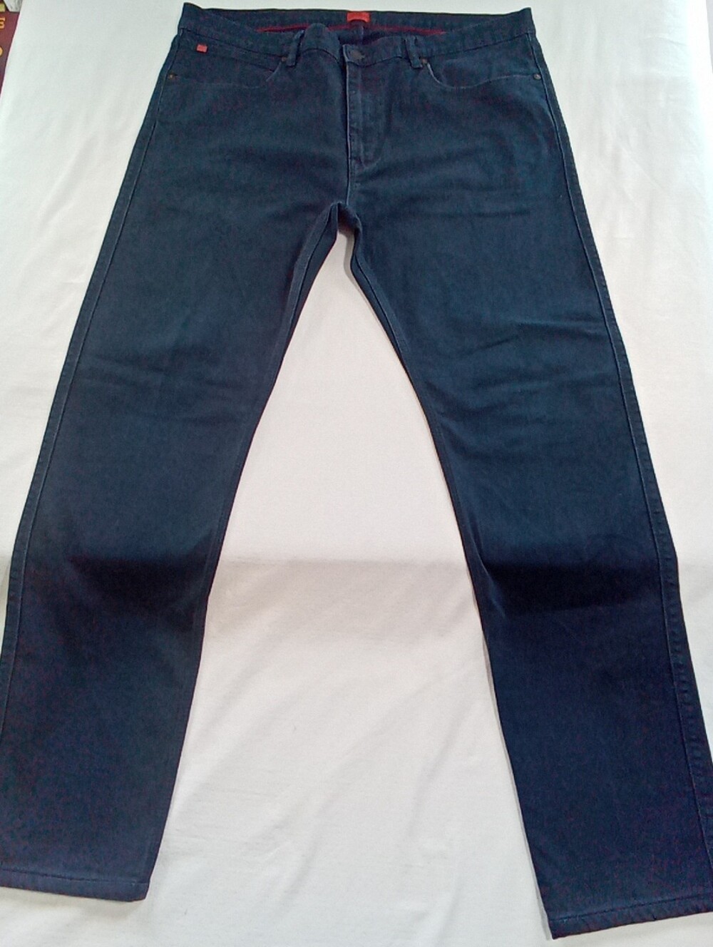 HUGO Navy Straight-Leg Jeans with Leather Logo Patch